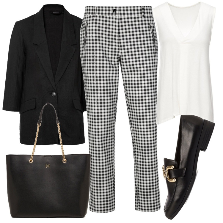 Outfit donna - I pantaloni a quadretti. Stile Casual chic per Tutti i giorni. Abbinamento con top, pantaloni, blazer, mocassini, borse a spalla.