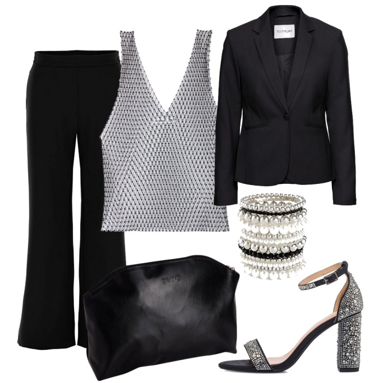 Outfit donna - Vado sul classico. Stile Chic per Serata fuori. Abbinamento con blazer, braccialetti, top, pantaloni, sandali gioiello, borse a spalla.