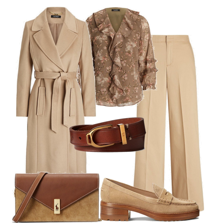 Outfit donna - In città. Stile Chic per Tutti i giorni. Abbinamento con braccialetti, cappotti, camicie, mocassini, clutch, pantaloni.