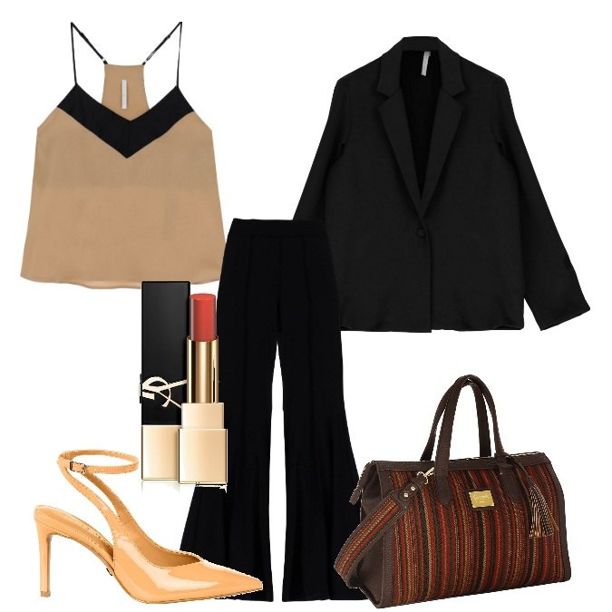 Outfit donna - Serata. Stile Chic per Serata fuori. Abbinamento con rossetti, décolleté, canottiere, giacche, pantaloni, borse a mano.