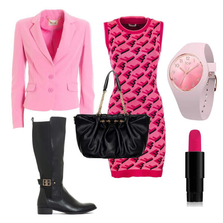 Outfit donna - L\'abito mini. Stile Trendy per Serata fuori. Abbinamento con rossetti, borse a spalla, vestiti senza maniche, blazer, stivali sopra il ginocchio, orologi.