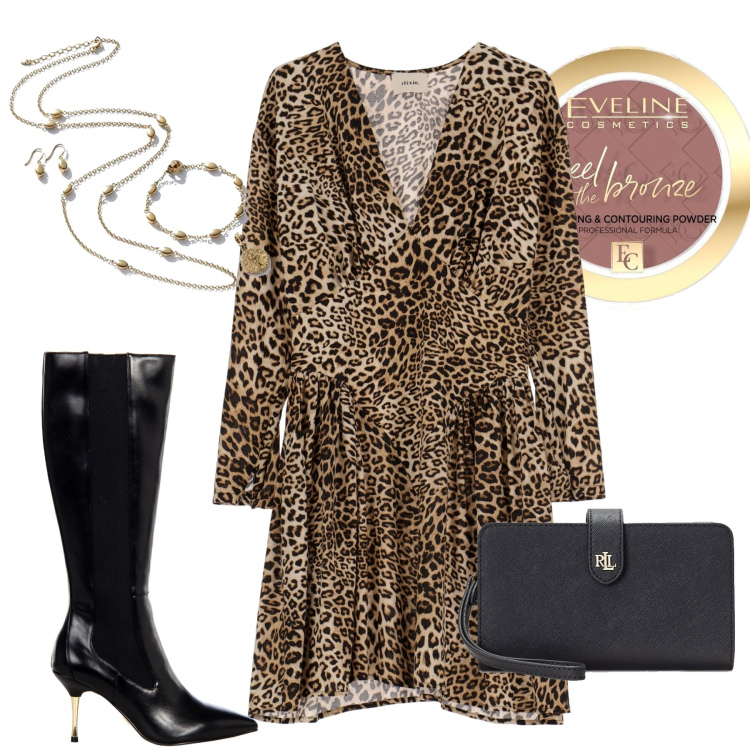Outfit donna - Il vestito animalier. Stile Chic per Serata fuori. Abbinamento con ciprie, stivali sopra il ginocchio, vestiti corti, pochette, collane.