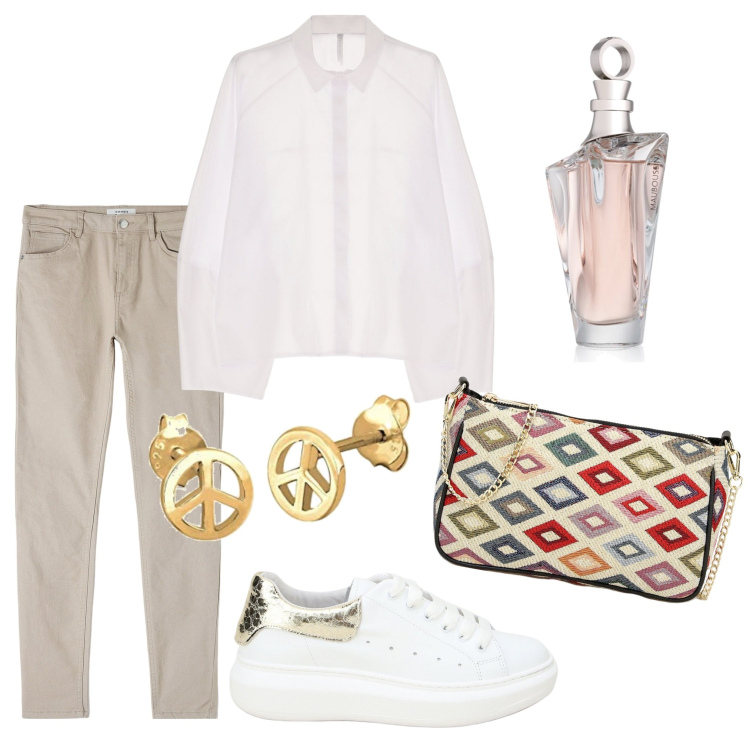 Outfit donna - La giornata della pace ️. Stile Trendy per Tutti i giorni. Abbinamento con profumi, pantaloni, sneakers, camicie, pochette, orecchini.