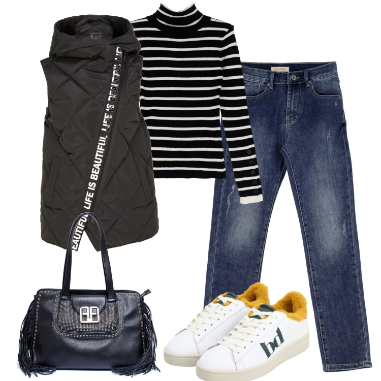 Outfit donna - Autunno. Stile Casual per Tutti i giorni. Abbinamento con gilet, borse a mano, jeans dritti, maglieria, sneakers.