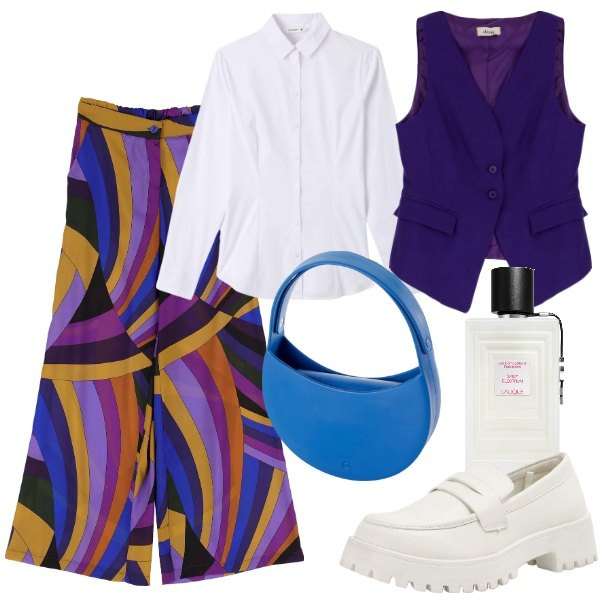 Outfit donna - Il mocassino bianco. Stile Trendy per Ufficio. Abbinamento con profumi, mocassini, camicie, pantaloni a palazzo, gilet, borse a spalla.