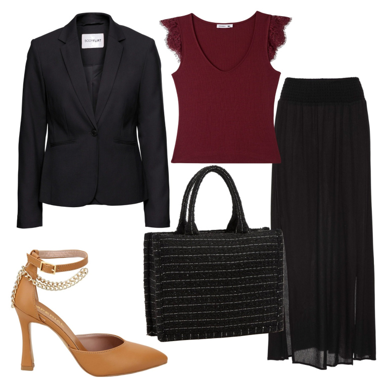 Outfit donna - La gonna lunga con lo spacco. Stile Urban per Cerimonia. Abbinamento con gonne lunghe, blazer, canottiere, shopping bag, décolleté.