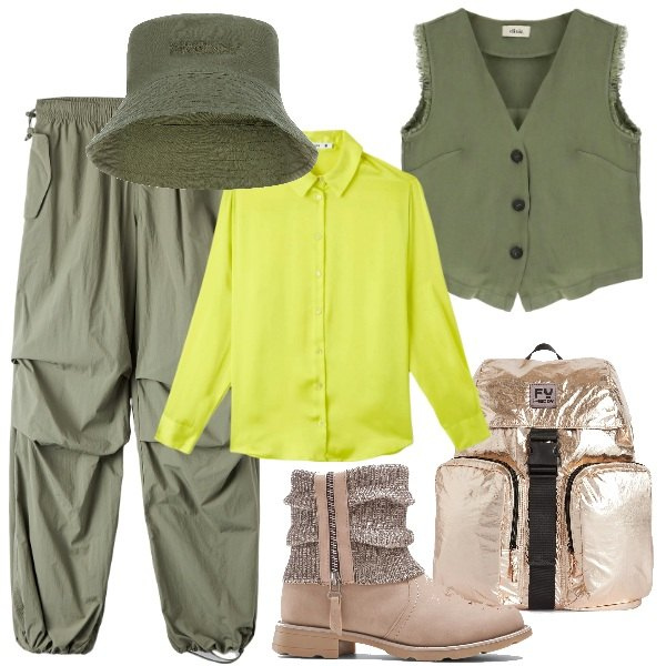 Outfit donna - Ritorno a scuola. Stile Urban per Scuola/Università. Abbinamento con stivaletti, pantaloni, camicie, cappelli, zaini, gilet.