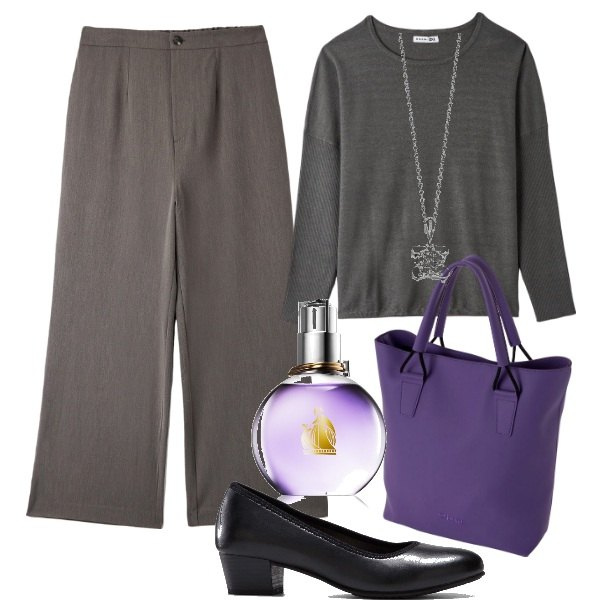 Outfit donna - Easy curvy. Stile Basic per Ufficio. Abbinamento con décolleté, profumi, pantaloni, maglieria, borse a spalla, collane.