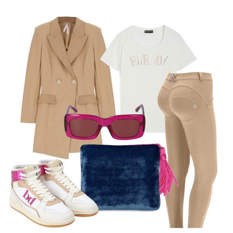 Outfit donna - Ghost outfitter - settembre. Stile Casual chic per Tutti i giorni. Abbinamento con vestiti corti, sneakers alte, t-shirt, pantaloni skinny, pochette, occhiali da sole.