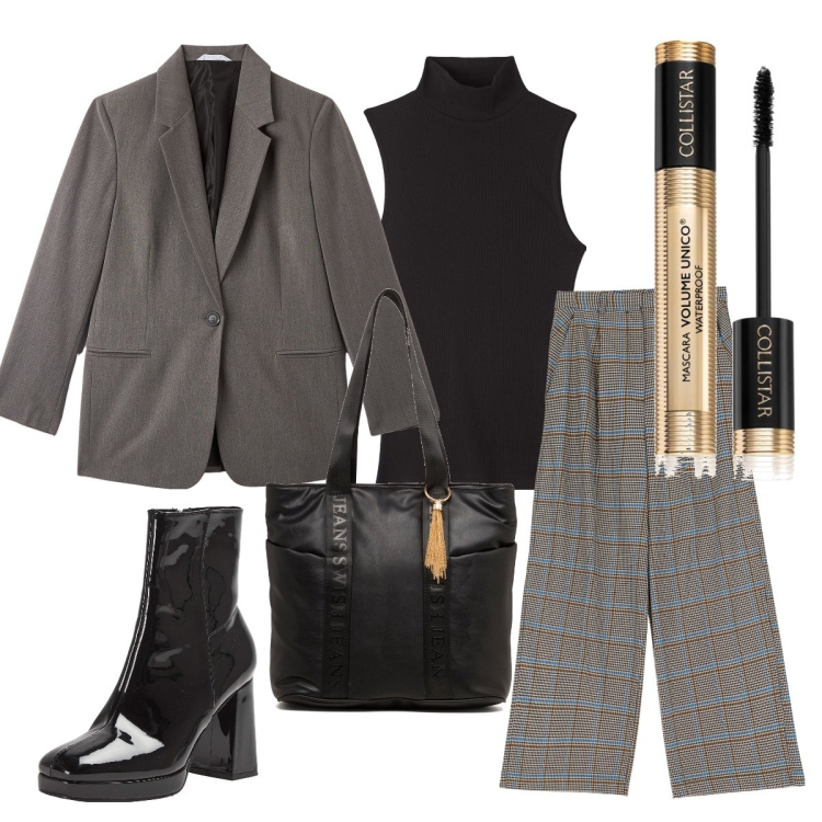 Outfit donna - La Boss In ufficio. Stile Casual per Tutti i giorni. Abbinamento con mascara, pantaloni a palazzo, stivaletti, blazer, canottiere, borse a spalla.