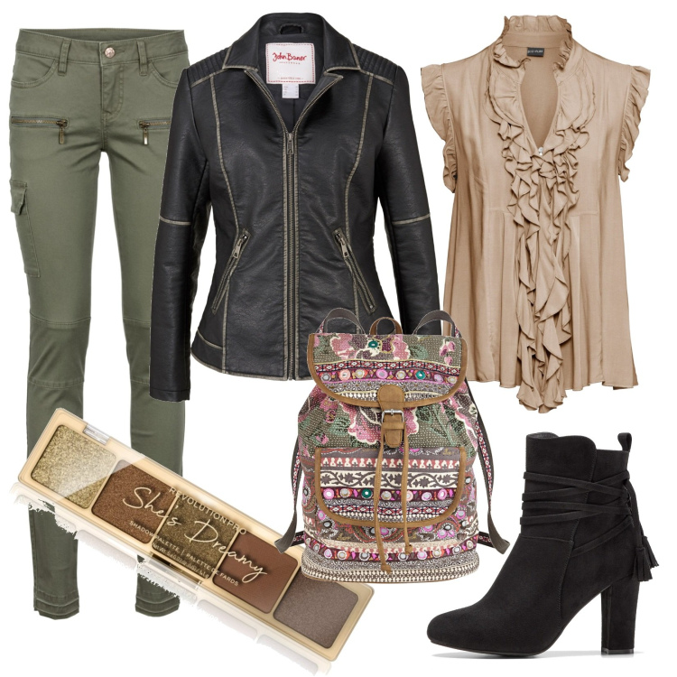 Outfit donna - Verde militare e giacca nera. Stile Boho per Tutti i giorni. Abbinamento con pantaloni cargo, maglieria, blazer, stivaletti, zaini, ombretti.