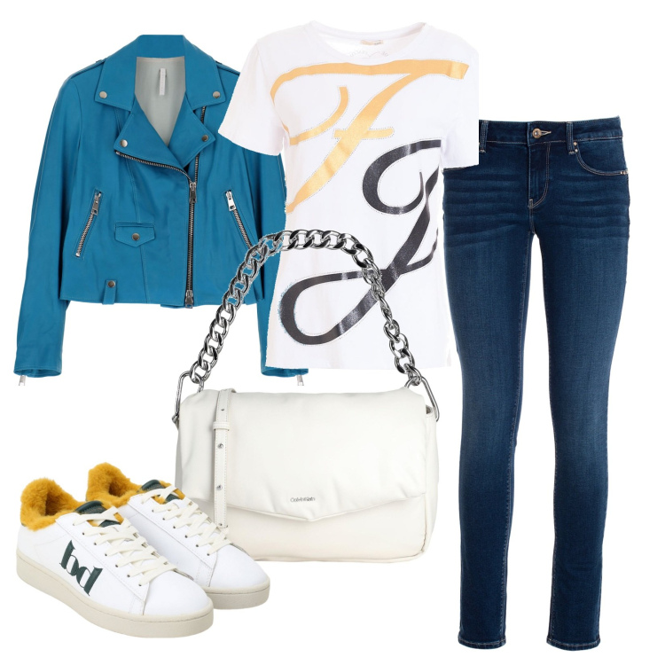 Outfit donna - Autunno colorato. Stile Sporty chic per Tutti i giorni. Abbinamento con borse a spalla, t-shirt, jeans, giacche, sneakers.
