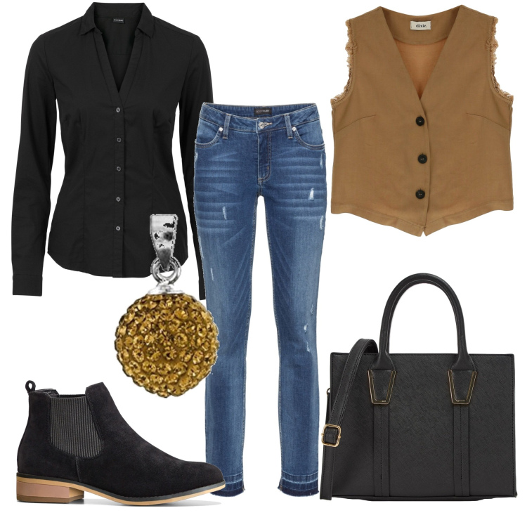 Outfit donna - Total look #1722663. Stile Trendy per Tutti i giorni. Abbinamento con jeans skinny, camicie, stivaletti chelsea, shopping bag, gilet, ciondoli.