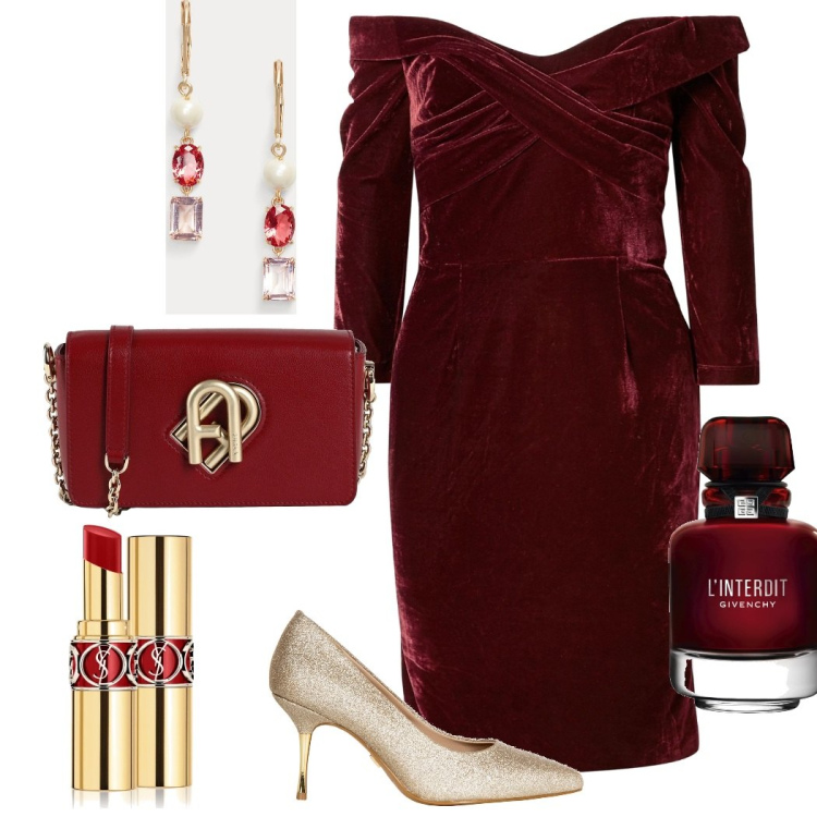Outfit donna - Velluto bellissimo. Stile Chic per Cerimonia. Abbinamento con vestiti corti, borse a tracolla, profumi, rossetti, décolleté, orecchini.