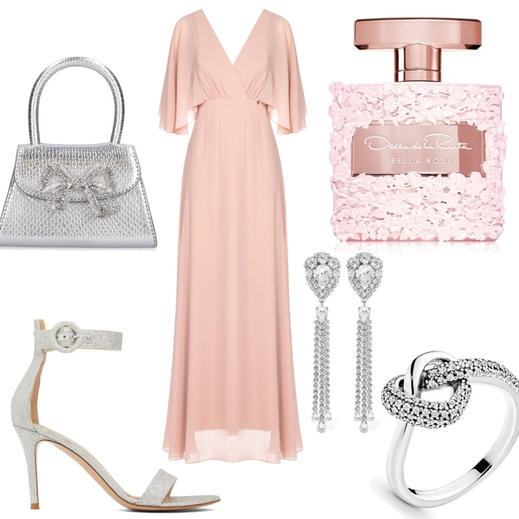 Outfit donna - Le mie damigelle. Stile Glamour per Cerimonia. Abbinamento con profumi, vestiti, sandali in pelle, anelli, orecchini, borse a mano.