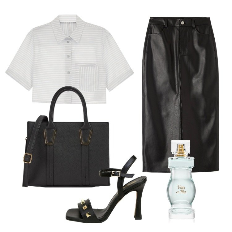 Outfit donna - Pensiero Libero. Stile Urban per Tutti i giorni. Abbinamento con profumi, gonne longuette, shopping bag, camicie a manica corta, sandali in pelle.