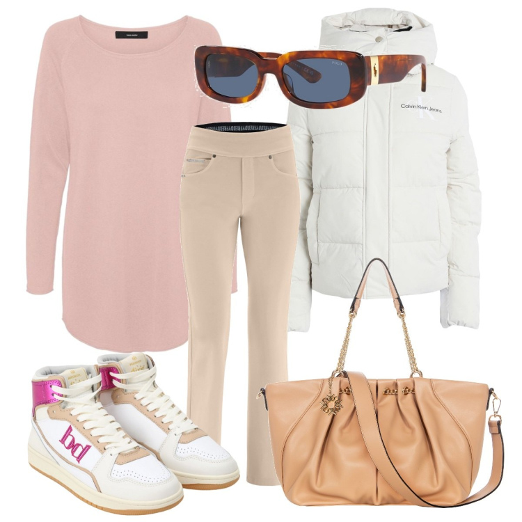 Outfit donna - Al lavoro. Stile Casual per Ufficio. Abbinamento con piumini, borse a spalla, sneakers alte, pantaloni, occhiali da sole, pullovers.