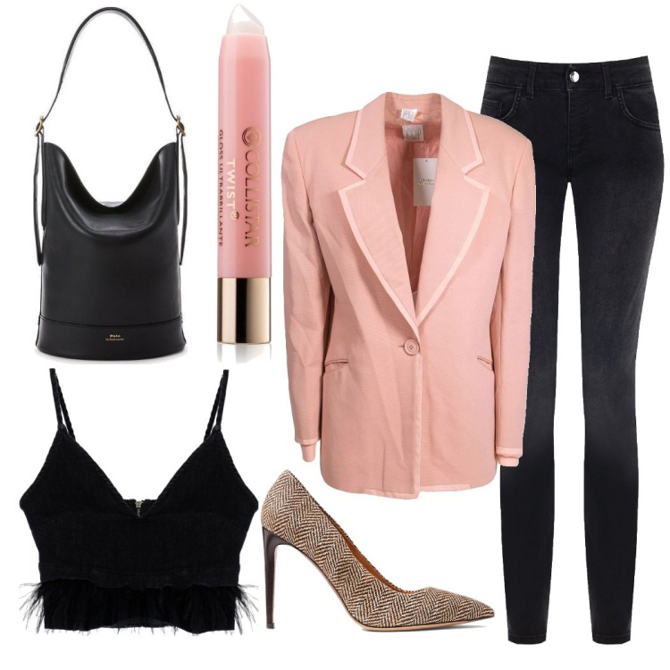 Outfit donna - Total look #1722715. Stile Casual per Ufficio. Abbinamento con blazer, gloss, top, jeans skinny, borse a secchiello, décolleté.