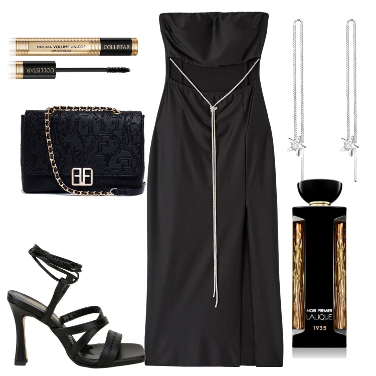 Outfit donna - Serata. Stile Chic per Serata fuori. Abbinamento con mascara, profumi, vestiti lunghi, clutch, sandali in pelle, orecchini.