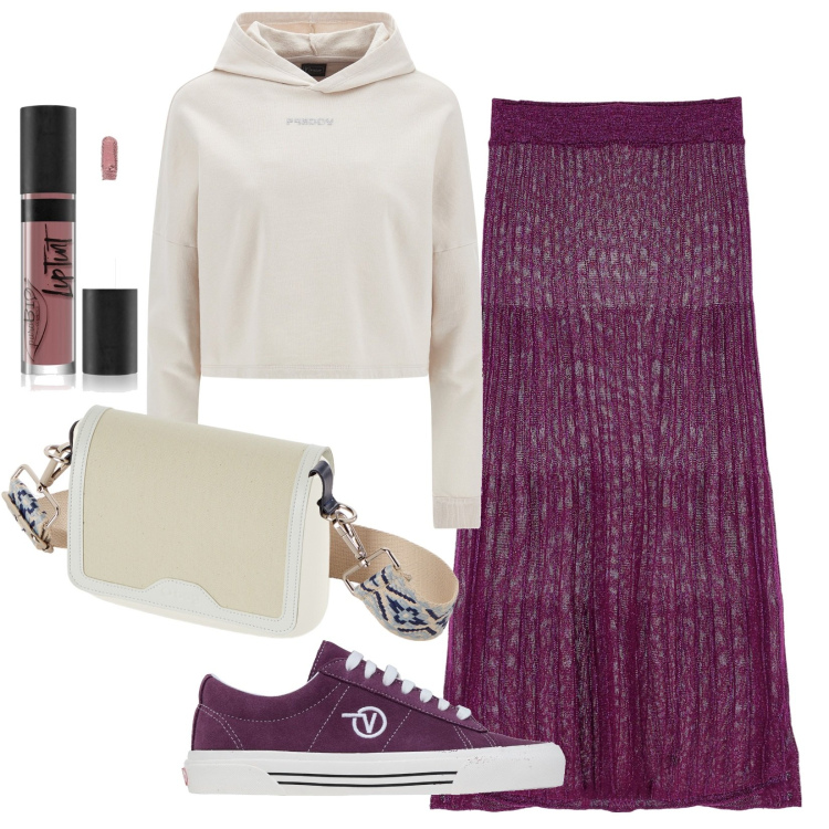 Outfit donna - comodo autunno. Stile Casual per Tutti i giorni. Abbinamento con sneakers, rossetti, felpe con cappuccio, gonne longuette, borse a spalla.