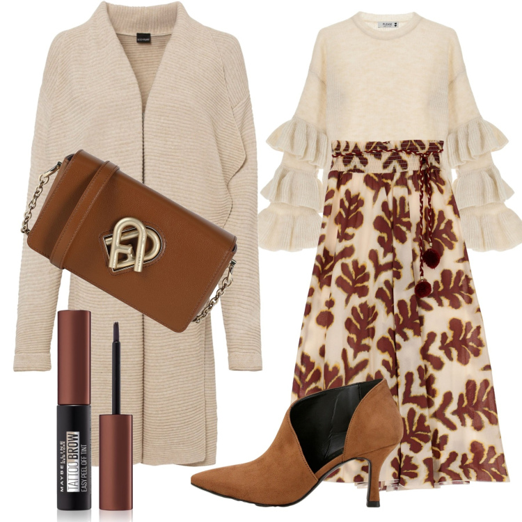Outfit donna - Total look #1722751. Stile Boho per Tutti i giorni. Abbinamento con cardigans, borse a tracolla, eyeliner, maglieria, gonne lunghe, stivaletti.