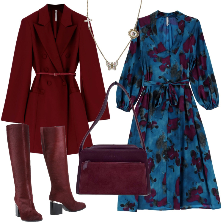 Outfit donna - Autunno in fiore. Stile Chic per Serata fuori. Abbinamento con stivali, borse a spalla, vestiti midi/longuette, vestiti corti, collane.