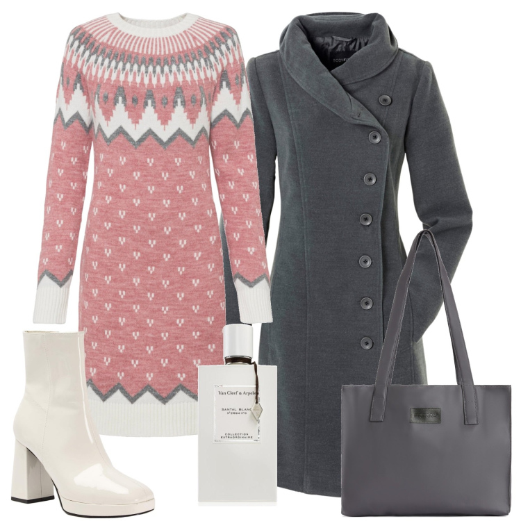 Outfit donna - il primo freddo. Stile Casual per Tutti i giorni. Abbinamento con vestiti, cappotti, profumi, stivaletti, shopping bag.
