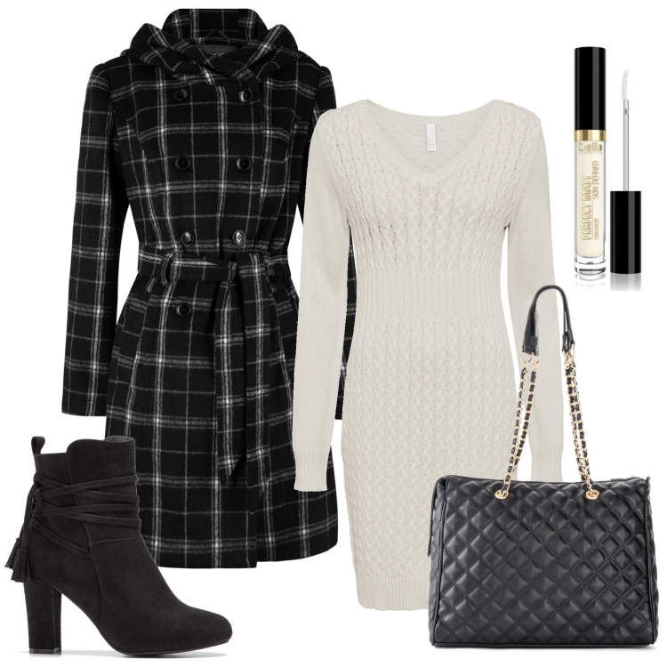 Outfit donna - il soprabito a quadri. Stile Casual per Tutti i giorni. Abbinamento con vestiti, cappotti, stivaletti, shopping bag, correttori.