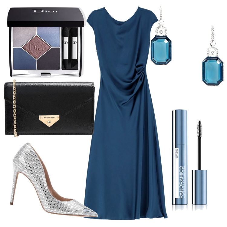 Outfit donna - Elegante. Stile Chic per Cerimonia. Abbinamento con borse a mano, décolleté, vestiti midi/longuette, ombretti, mascara, orecchini.