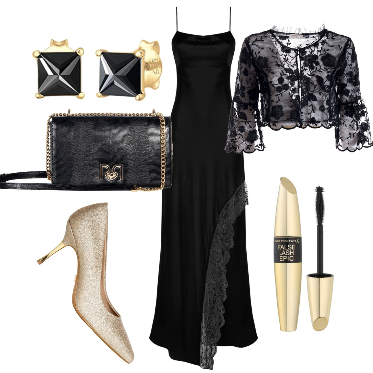Outfit donna - Occasione speciale. Stile Chic per Serata fuori. Abbinamento con mascara, vestiti asimmetrici, décolleté, borse a tracolla, blazer, orecchini.