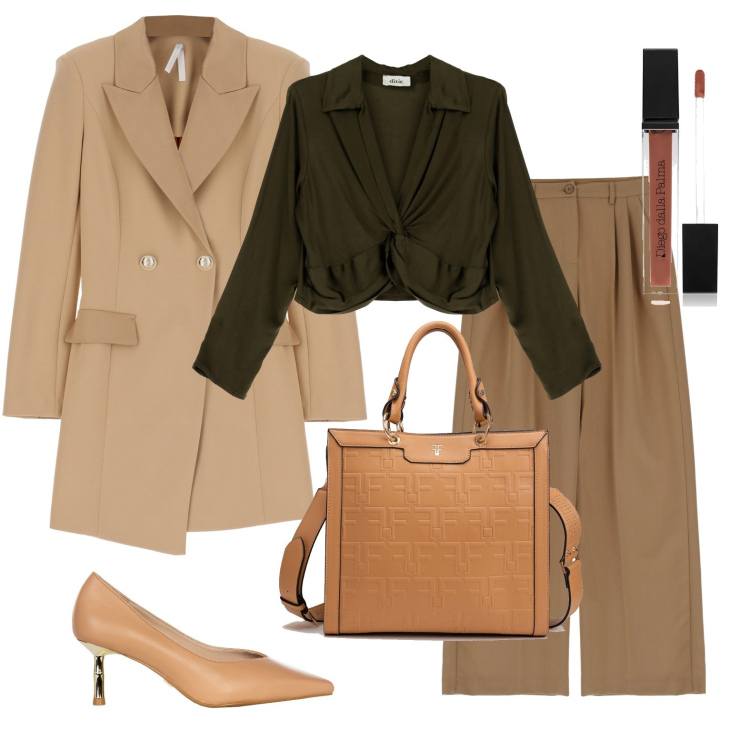 Outfit donna - Total look #1722783. Stile Casual chic per Serata fuori. Abbinamento con gloss, décolleté, borse tote, vestiti corti, pantaloni a palazzo, camicie.