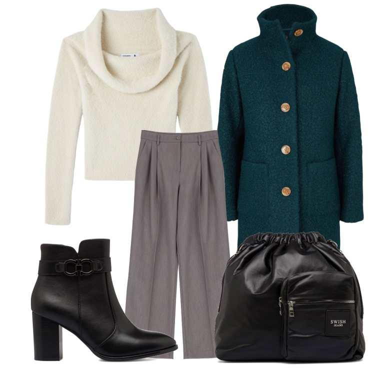 Outfit donna - Un po\' di colore... al lavoro. Stile Basic per Ufficio. Abbinamento con cappotti, maglieria, pantaloni a palazzo, borse a spalla, stivaletti.