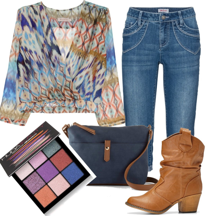 Outfit donna - Blusa boho e jeans. Stile Boho per Tutti i giorni. Abbinamento con jeans dritti, stivaletti texani, borse a tracolla, ombretti, camicie.