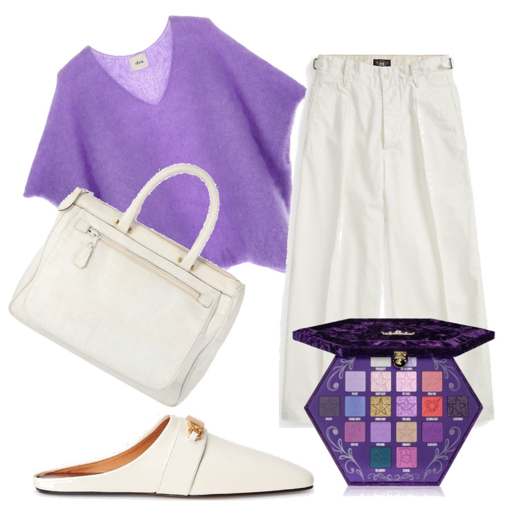 Outfit donna - Viola bacia tutti. Stile Boho per Tutti i giorni. Abbinamento con borse a mano, ombretti, maglieria, pantaloni, sabot.