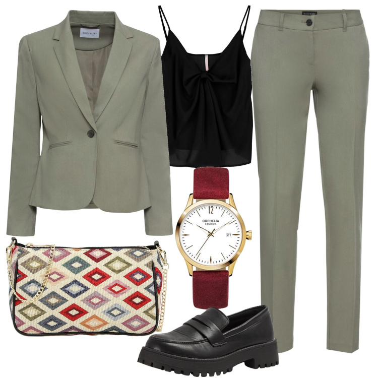 Outfit donna - Total look #1722799. Stile Trendy per Ufficio. Abbinamento con pantaloni, blazer, mocassini, pochette, canottiere, orologi.