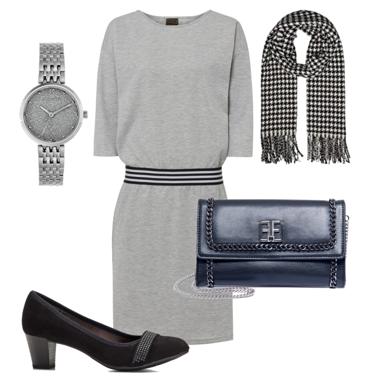 Outfit donna - In ufficio. Stile Minimal per Ufficio. Abbinamento con décolleté, vestiti, pochette, orologi, sciarpe.