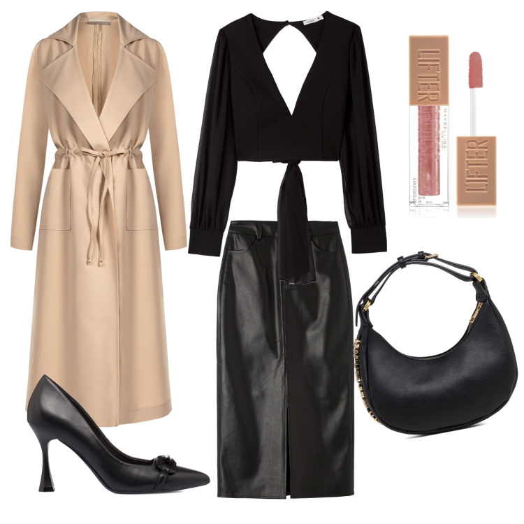 Outfit donna - Il trench elegante. Stile Trendy per Serata fuori. Abbinamento con gloss, gonne longuette, bluse, trench, décolleté, borse a mano.