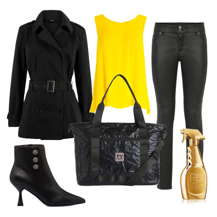 Outfit donna - Il trench rock. Stile Rock per Serata fuori. Abbinamento con trench, pantaloni, profumi, bluse, borse tote, stivaletti.