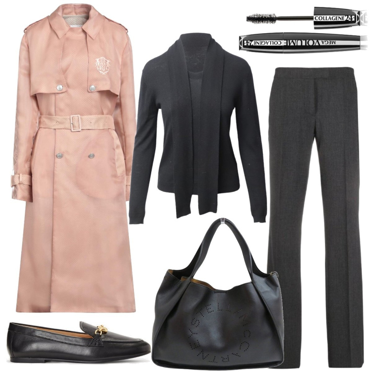 Outfit donna - Ufficio. Stile Casual chic per Ufficio. Abbinamento con pantaloni, borse a spalla, pullovers, mascara, mocassini.