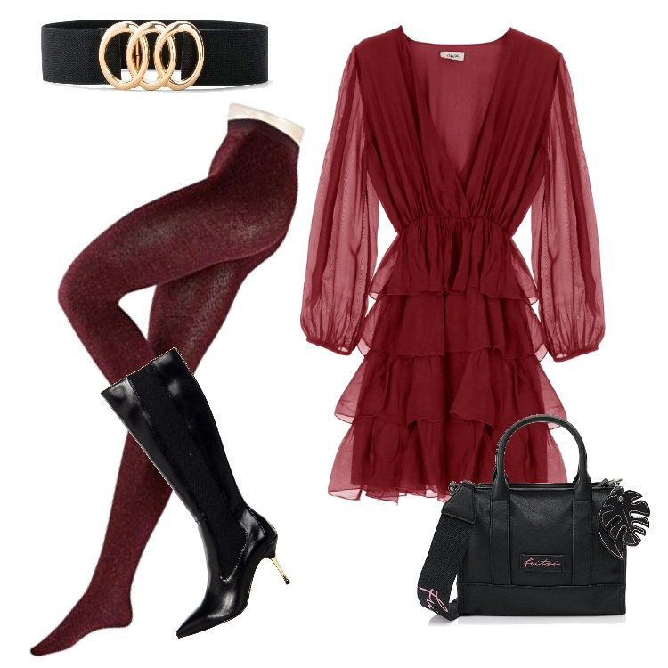 Outfit donna - Total look #1722823. Stile Chic per Serata fuori. Abbinamento con cinture, stivali sopra il ginocchio, vestiti corti, ciondoli, collant.