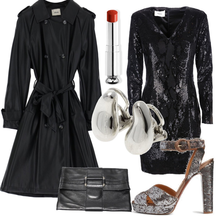 Outfit donna - Serata fuoro. Stile Glamour per Serata fuori. Abbinamento con orecchini, borse a mano, rossetti, vestiti, trench, sandali col tacco.