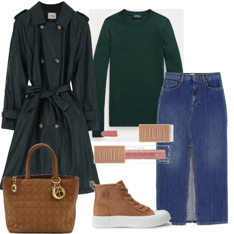 Outfit donna - Tempo libero. Stile Casual per Tutti i giorni. Abbinamento con borse a mano, gloss, gonne lunghe, trench, sneakers, t-shirt.