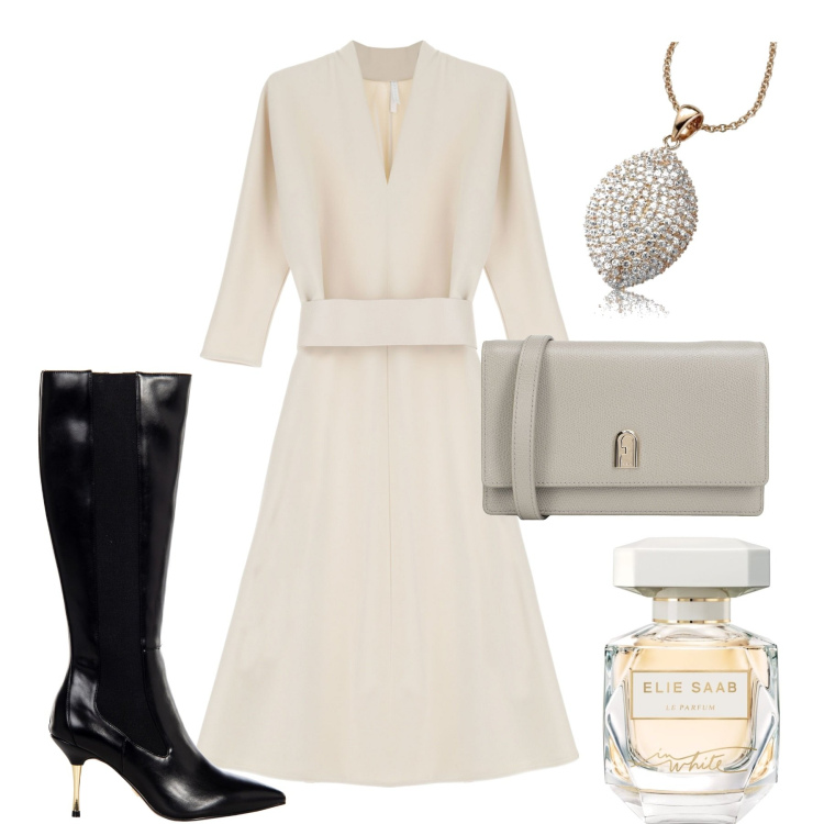 Outfit donna - Elegante in bianco. Stile Chic per Cerimonia. Abbinamento con borse a tracolla, profumi, stivali sopra il ginocchio, vestiti midi/longuette, ciondoli.