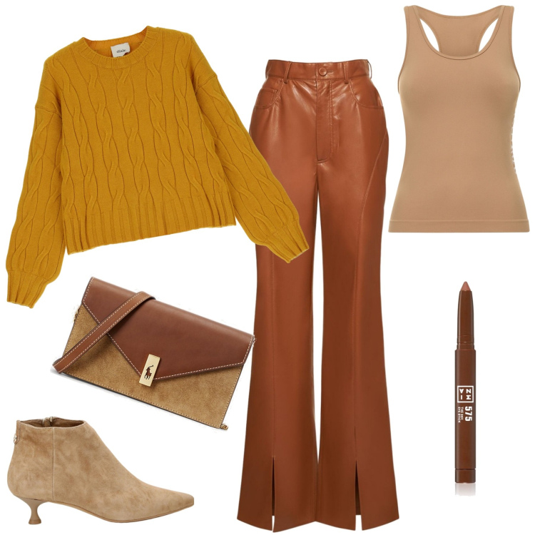 Outfit donna - Foliage. Stile Casual chic per Tutti i giorni. Abbinamento con ombretti, clutch, stivaletti, pullovers, pantaloni, canottiere.