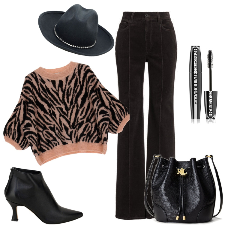 Outfit donna - Il cappello bello. Stile Trendy per Tutti i giorni. Abbinamento con mascara, maglieria, stivaletti, cappelli, pantaloni, borse a secchiello.