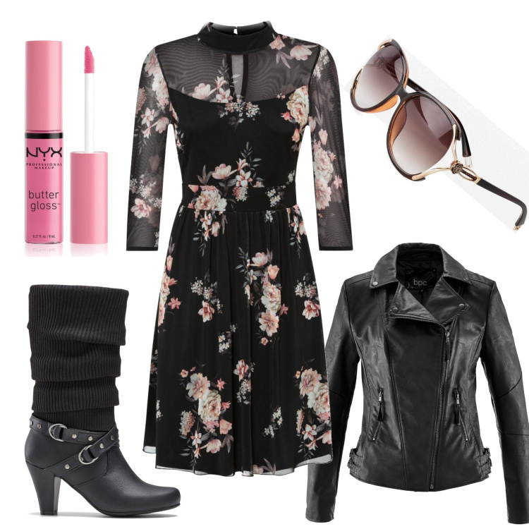 Outfit donna - Boho rock. Stile Boho per Serata fuori. Abbinamento con stivali, blazer, occhiali da sole, vestiti, gloss.