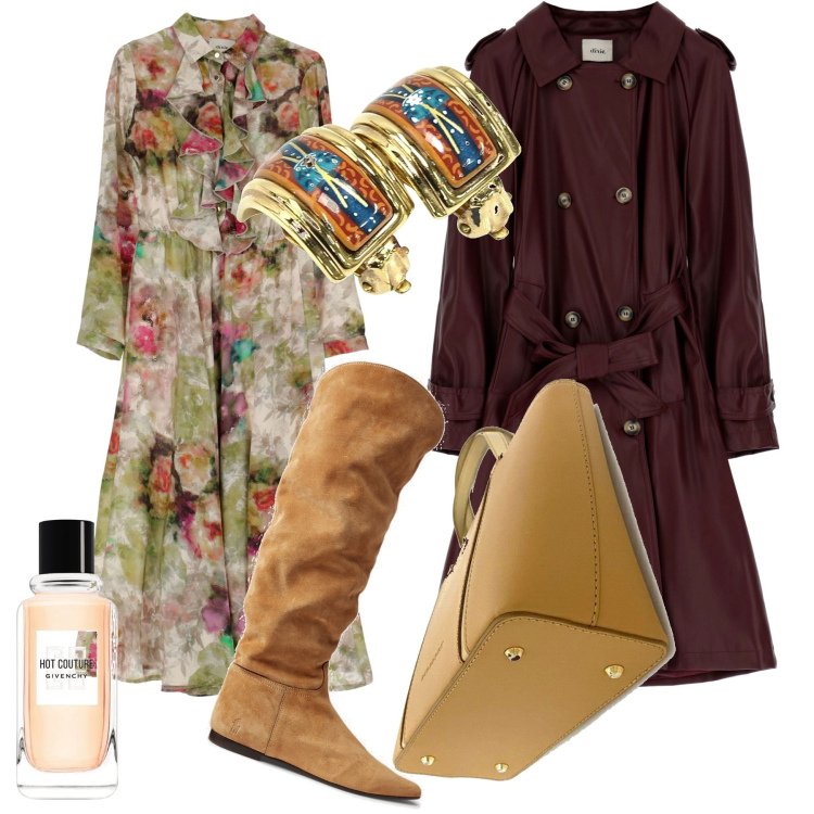 Outfit donna - Total look #1722873. Stile Romantica per Serata fuori. Abbinamento con borse a mano, orecchini, profumi, vestiti midi/longuette, trench, stivali sopra il ginocchio.