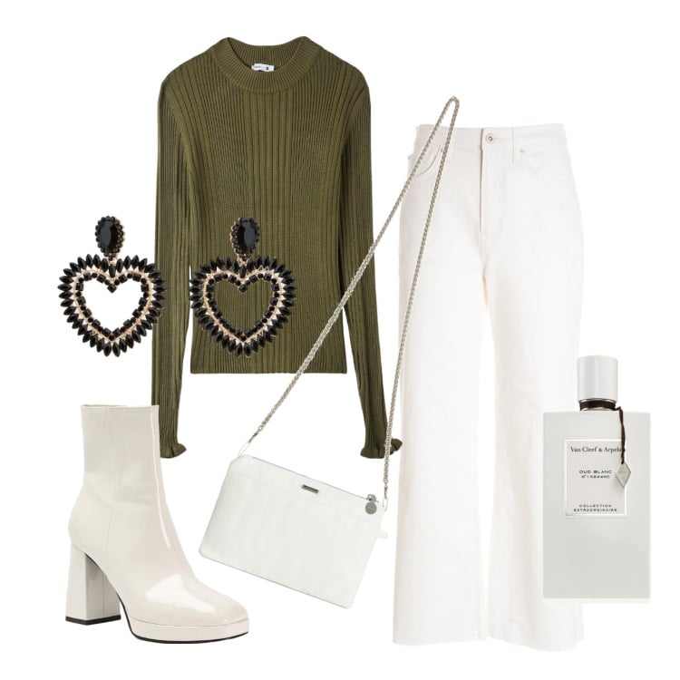 Outfit donna - Ghost outfitter - settembre. Stile Trendy per Tutti i giorni. Abbinamento con profumi, maglieria, stivaletti, pantaloni culotte, clutch, orecchini.