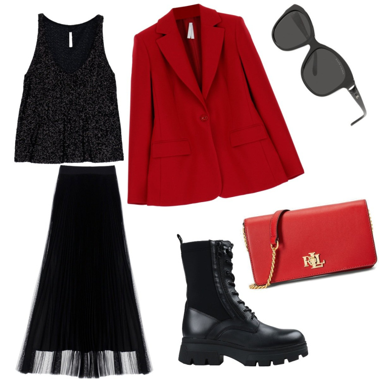 Outfit donna - Pranzo di lavoro. Stile Casual per Ufficio. Abbinamento con anfibi, cappotti, gonne lunghe, canottiere, occhiali da sole, borse a mano.