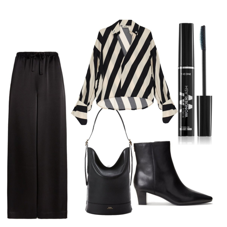 Outfit donna - Black and white. Stile Casual chic per Ufficio. Abbinamento con mascara, borse a secchiello, stivaletti, pantaloni, camicie.